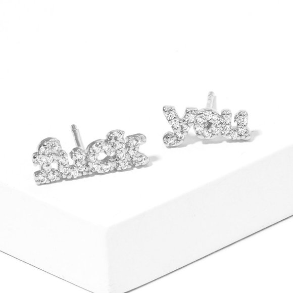 White Gold Dipped CZ Embellished fXXk you Message Stud Earrings - Picture 2 of 2